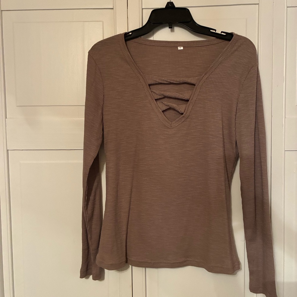 Taupe Ribbed Long Sleeve Top | Crisscross V-Neck | Soft Stretch Tee